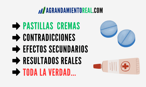 Frascos de pastillas y cremas promocionadas para el alargamiento masculino.